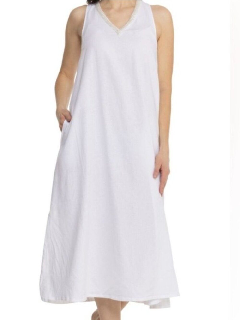 Calypso St. Barth Beaded V-Neck Linen Blend Midi Dress A-Line White Resort Small